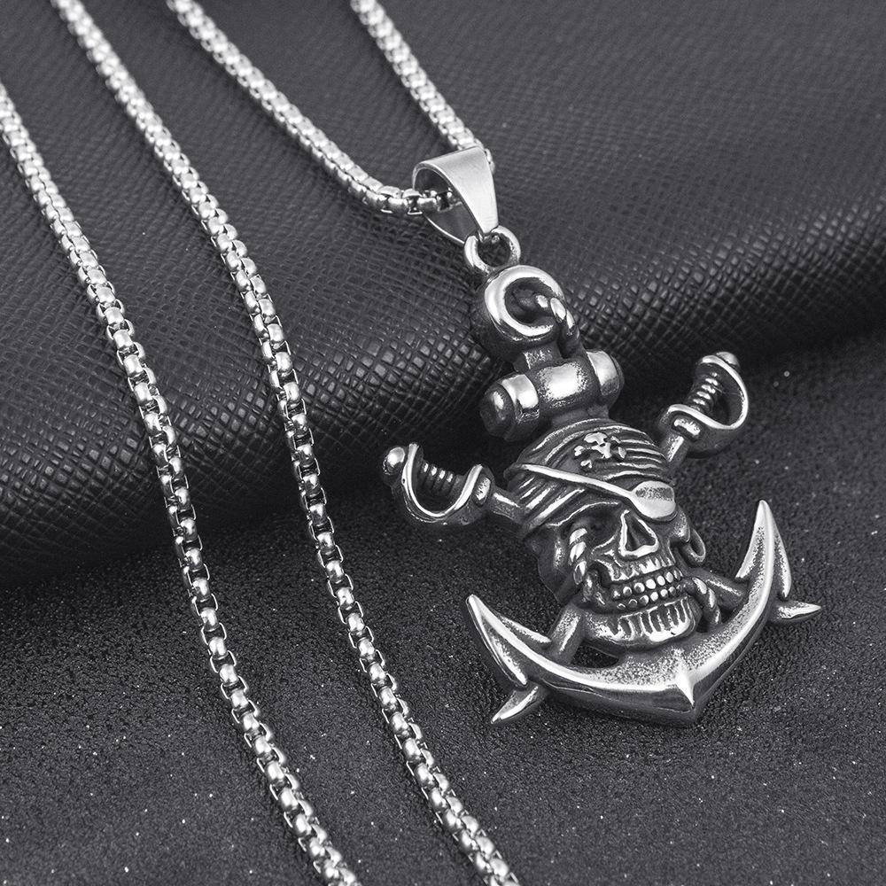 European and American Jewelry Titanium Steel Hip-hop Necklace Pirate Ship Anchor Pendant Long Style