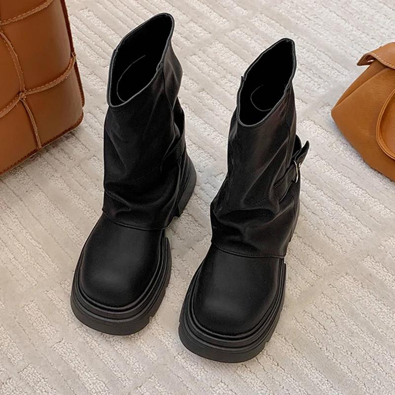 Women Mid Calf Boots Square Toe Elegant Shoes Winter High Heels Shoes Punk Retro Woman Botas  New Trend Cozy Botas De Mujer