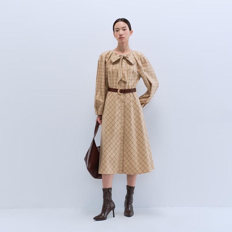 Veromoda Elegancka damska sukienka koszulowa w kratę z kokardą i odpinanym paskiem