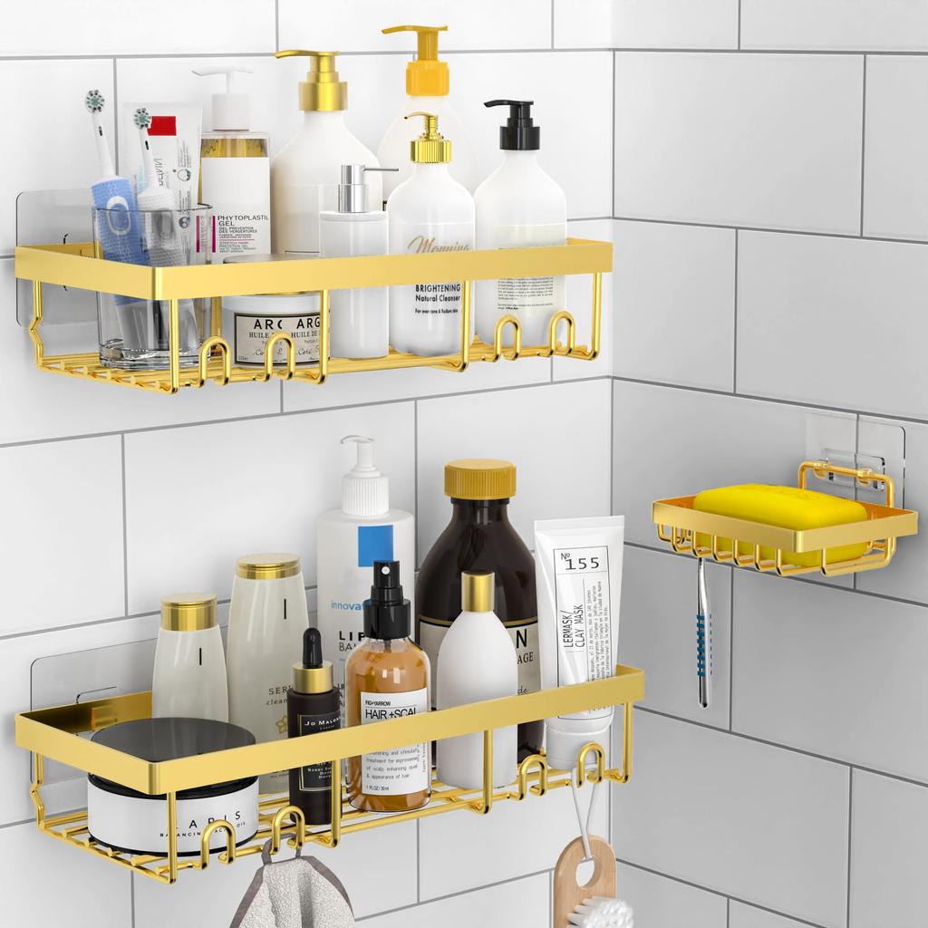 Moforoco 3-Pack Shower Caddy Basket Shelf with Soap Holder, No Drilling Traceless Adhesive Shower Wall Shelves, Rustproof Black Bathroom Shower