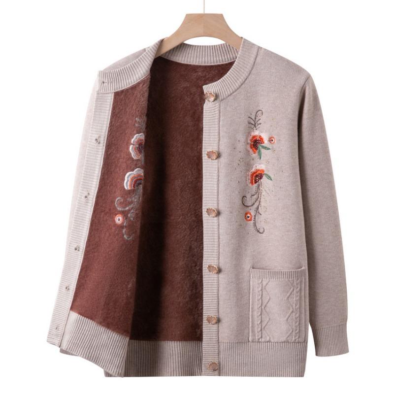 Grandma Sweater Women's Plush Thickened Knitted Sweater for the Elderly Autumn and Winter Embroidered Cardigan Mother Jacket for the Elderly