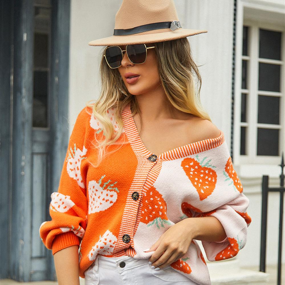 2025 Autumn New Sweater V-neck Button Cardigan Strawberry Jacket Sweater Women
