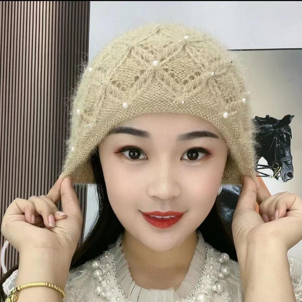 Herbst und Winter Neue Verdickte Mütze Handgewebte Perle Doppellagige Warme Strickmütze Kältefest Frostsicher und Warm Damen Baotou Mütze