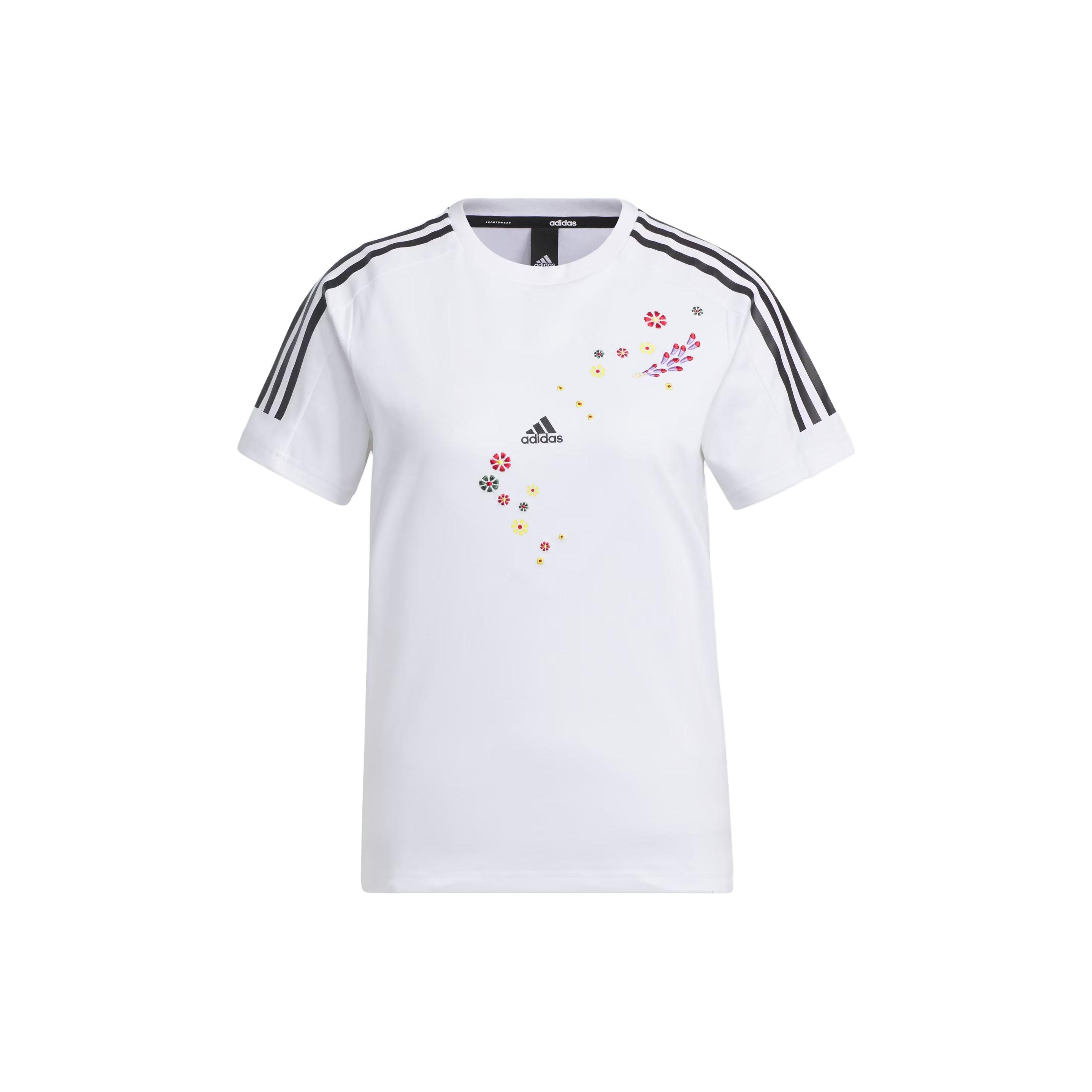 

Adidas X Shuting Qiu совместная брендовая полосатая спортивная футболка с цветочной вышивкой, повседневная футболка с короткими рукавами, женские топы белого цвета IM8447 S