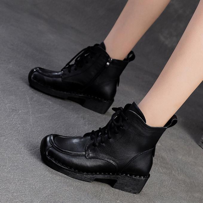 Johnature Universalūs apvalianos nosies šoniniu užtrauktuku retro trumpi aulinukai, paprastas storas kulnas, kasdieniai moteriški batai