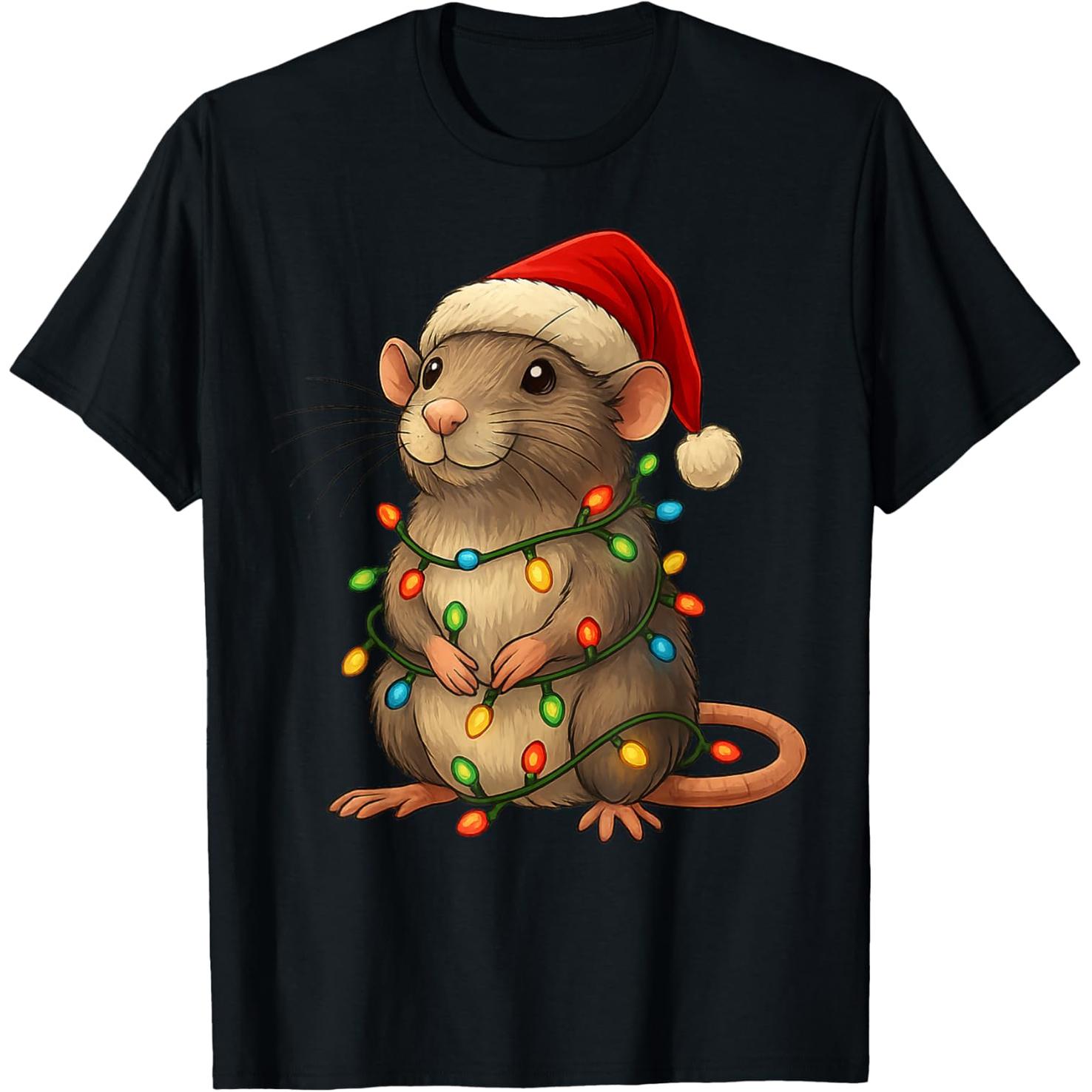Rat Christmas Funny Xmas Lights Animals Lover T Shirts Unisex Cotton Humor Streetwear Tee Shirt Short Sleeve Unisex Loose Clothing S