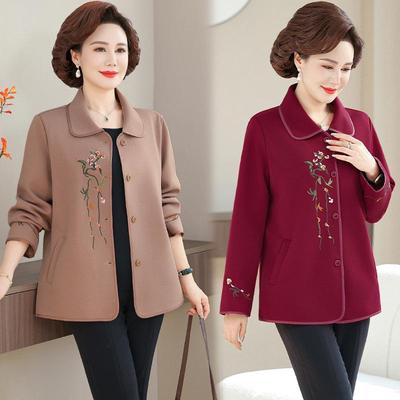 Elegant Embroidered Wool Coat for Middle-aged Women – Short Spring & Autumn Style