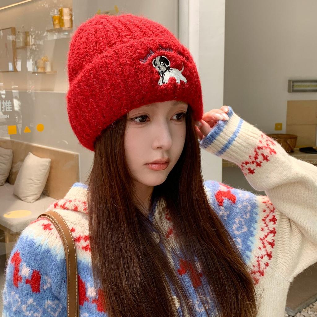 Cute Puppy Knitted Hat Autumn and Winter Face Small Hat Women's Lazy Wind Wool Hat Warm Ear Protection Cold Hat