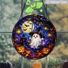 2D Flat Stained Glass Gothic Halloween Swing Ghost Window Decoration, 6.3/7.87 Inch Maple Leaf Haunted House Colorful Glass Plate with Chain