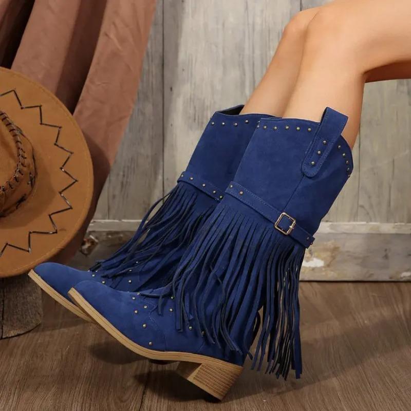 Womens Mid-Calf Boots Fashion Pointed Toe Thick Heel High Heeled Boots Fringes Design Fashion Boots Retro Rivet Mid-Calf Booties