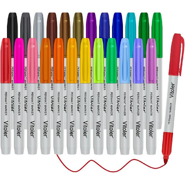 Vitoler Colored Permanent Markers,24 Assorted Colors Permanent Marker Pens Fine Point Markers for Marking Coloring Doodling Writing Journaling 24 Pack
