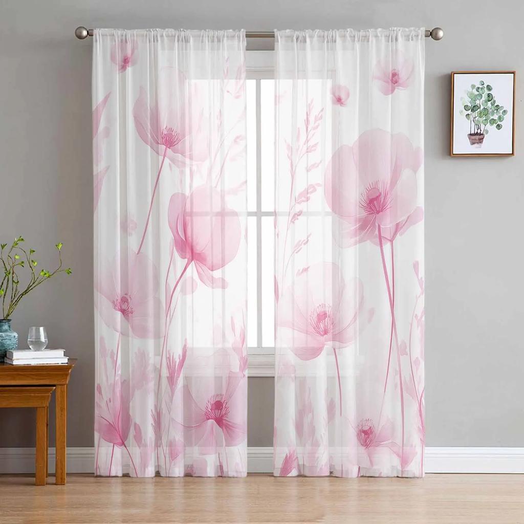 Love Floral Blush Pink Plaid Transparent Drapes for Bed Chamber Living Room Ornamentation Window Panel Curtain Perfect for Cooking Area Netting