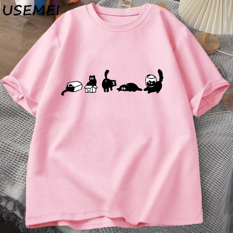 Five Mood Cats T-Shirts Oversized Cat Mom Tee Funny Cotton Short Sleeves Cat Lovers T Shirt Men Casual O Neck Summer Tops XXXL розовый