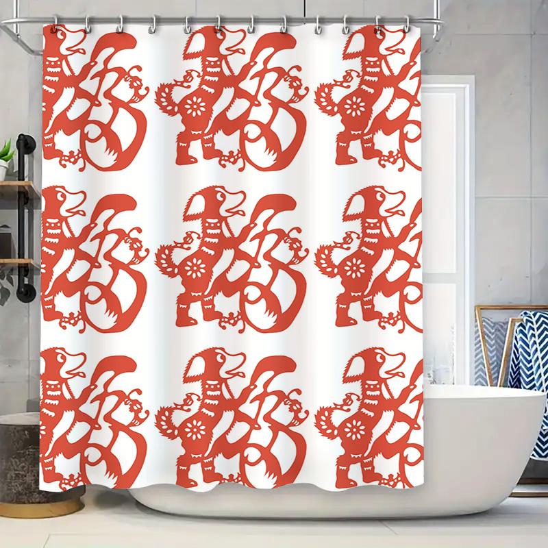 

Red and White Modern Floral Shower Curtain with Tassels Beautiful Bath Decor for Home Decoration 90x180cm