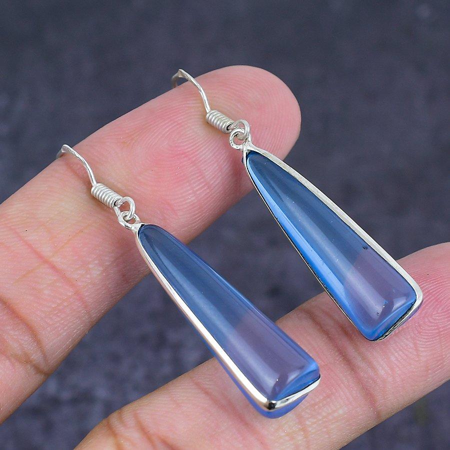 Natural Blue Chalcedony Gemstone 925 Sterling Silver Jewelry Earring 2.01" ETC-8594