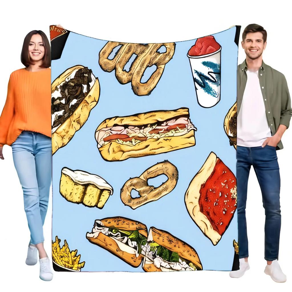 Snack Food Pattern Flannel Fleece Blanket Soft Warm Cozy Throw for Bed Sofa Adults Kids Delicious Pizza Sub Sandwich Pretzel Fri