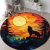 Stained Glass Wolf Howling Round Carpet Wolf Silhouette Art Non-Slip Floor Decor Mat for Living Room Bedroom Home Decor Rug