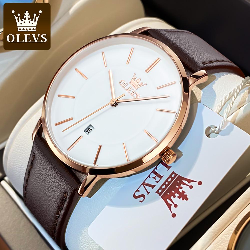 OLEVS 5869 Men's Watches Leather Strap Waterproof Auto Date Man Watch Fashion Simplicity Ultra Thin Quartz Wrist Watch for Men
