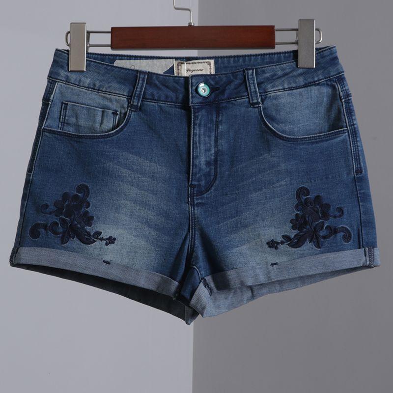 

Curling Shorts Blue High Waist Female Summer A- line Embroider Blue S