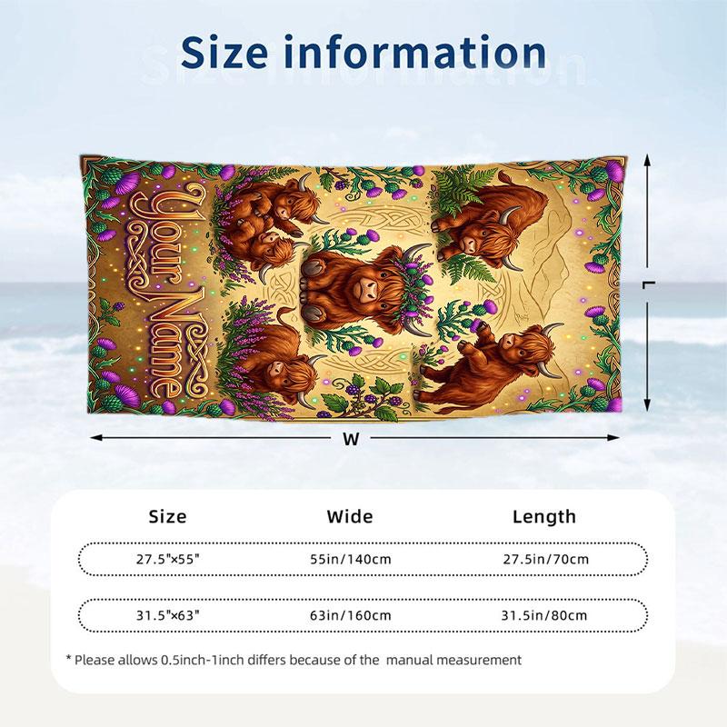 Cow Highland Theme Beach Towel Personalized Custom Name & Text Soft Quick Dry Beach Towel for Swimming Travel