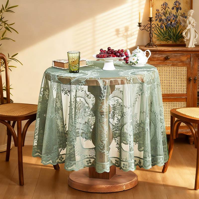French Green Lace Tablecloth Round Mirror Flower Vine Pattern Living Room, Coffee Table, Dining Table Decoration Tablecloth CZB6