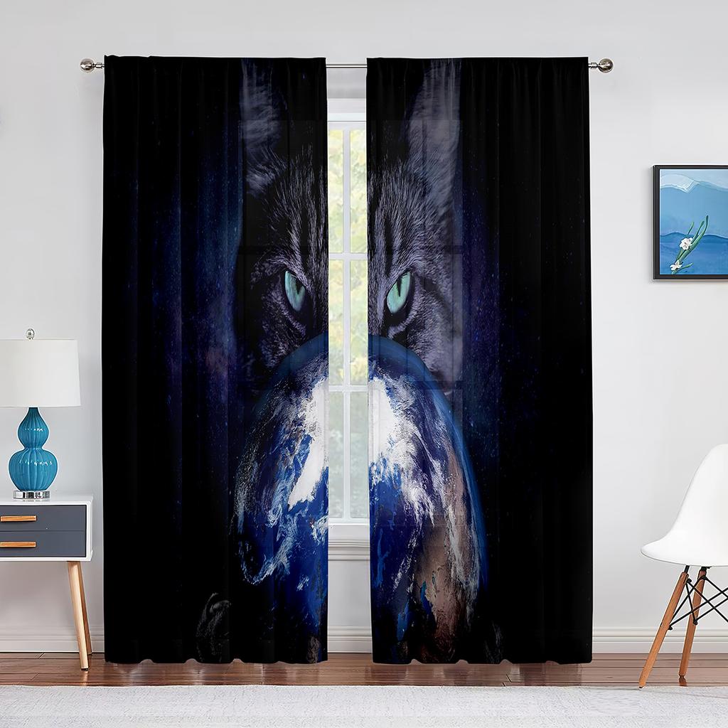 Black Cat Big Eyes Animal Grey Tulle Curtains for Living Room Bedroom Decoration Transparent Chiffon Sheer Voile Window Curtain