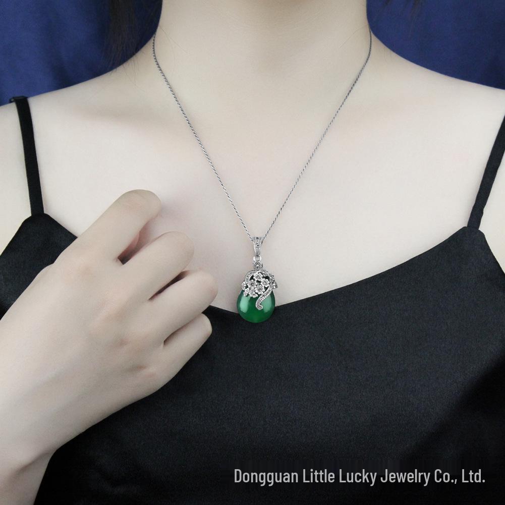 Jade Angel Vintage Women's Necklace Pendant with Chalcedony, Synthetic Garnet, and Cat's Eye Stones In S925 Thai Sterling Silver.