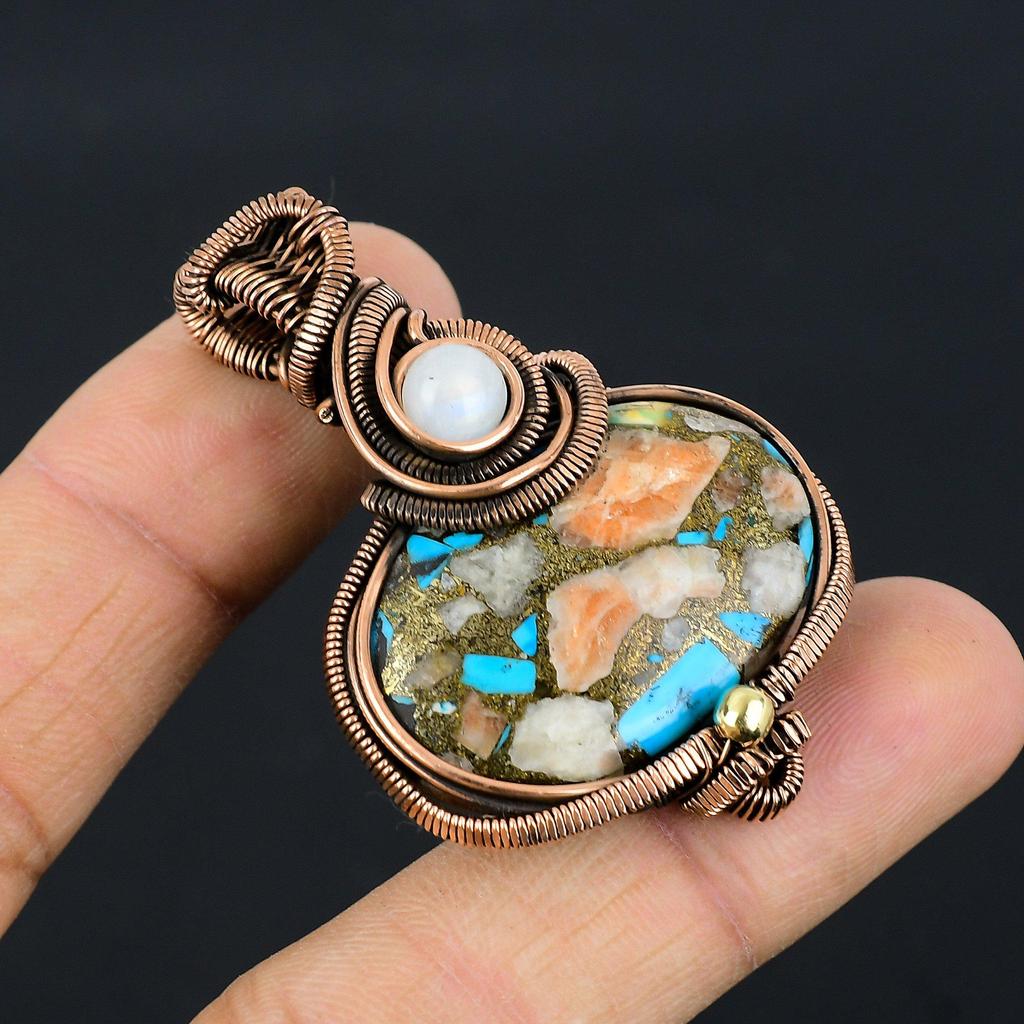 Multi Copper Spiny Oyster Pendant, Handmade Gemstone 999 Copper Wire Wrapped Pendant Antique Jewelry, For Gift Silver Jewelry