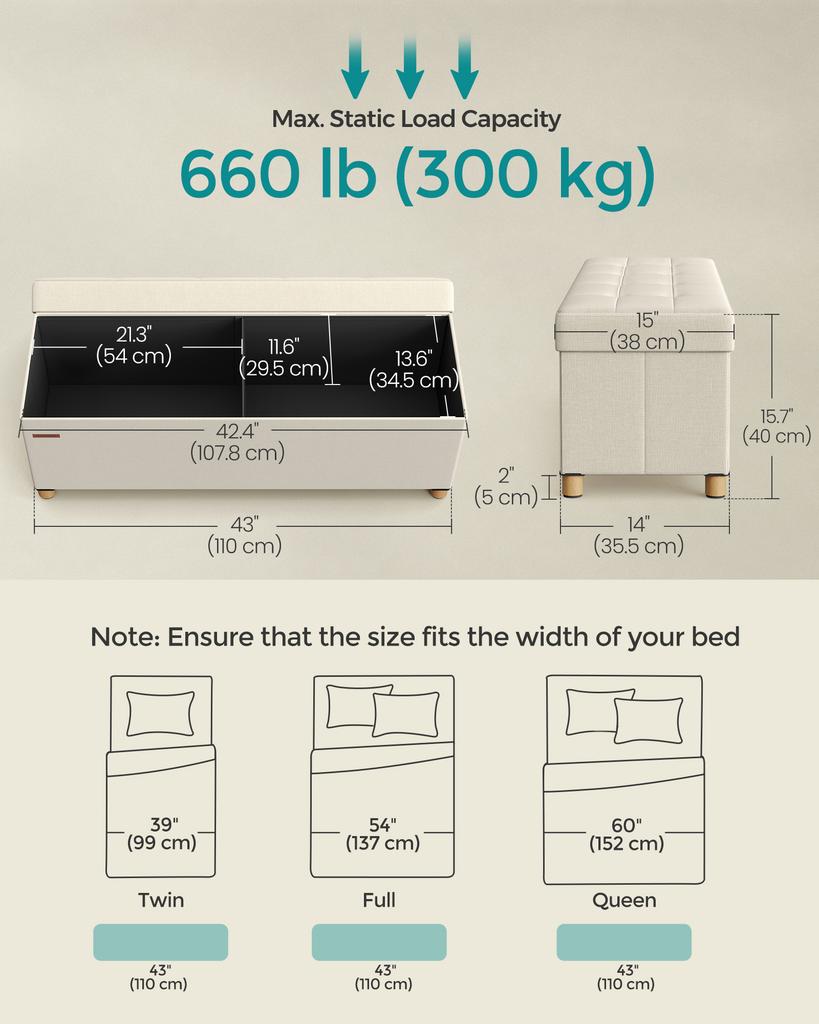 SONGMICS Storage Ottoman Bench, Foldable Ottoman Foot Rest with Legs, End of Bed Bench, Storage Chest, Load up to 300 kg, for Living Room, Bedroom
