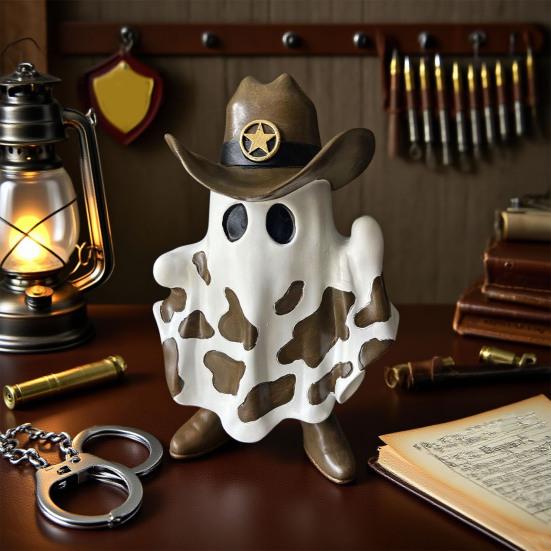 Ghost Cowboy Figurine Halloween Ghost Wearing Cowboy Hat Boots Decoration Desktop Ghost Statue for Mantel Cabinet Bookshelf
