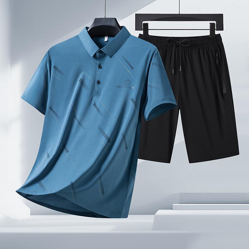 Summer Ice Silk Lapel Polo Shirt Men's Short Sleeved T-shirt Shorts Set Quick Drying