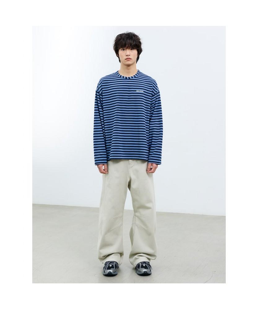 Saendeusaundeu (Unisex) Awning Stripe Long Sleeve T-Shirt Blue
