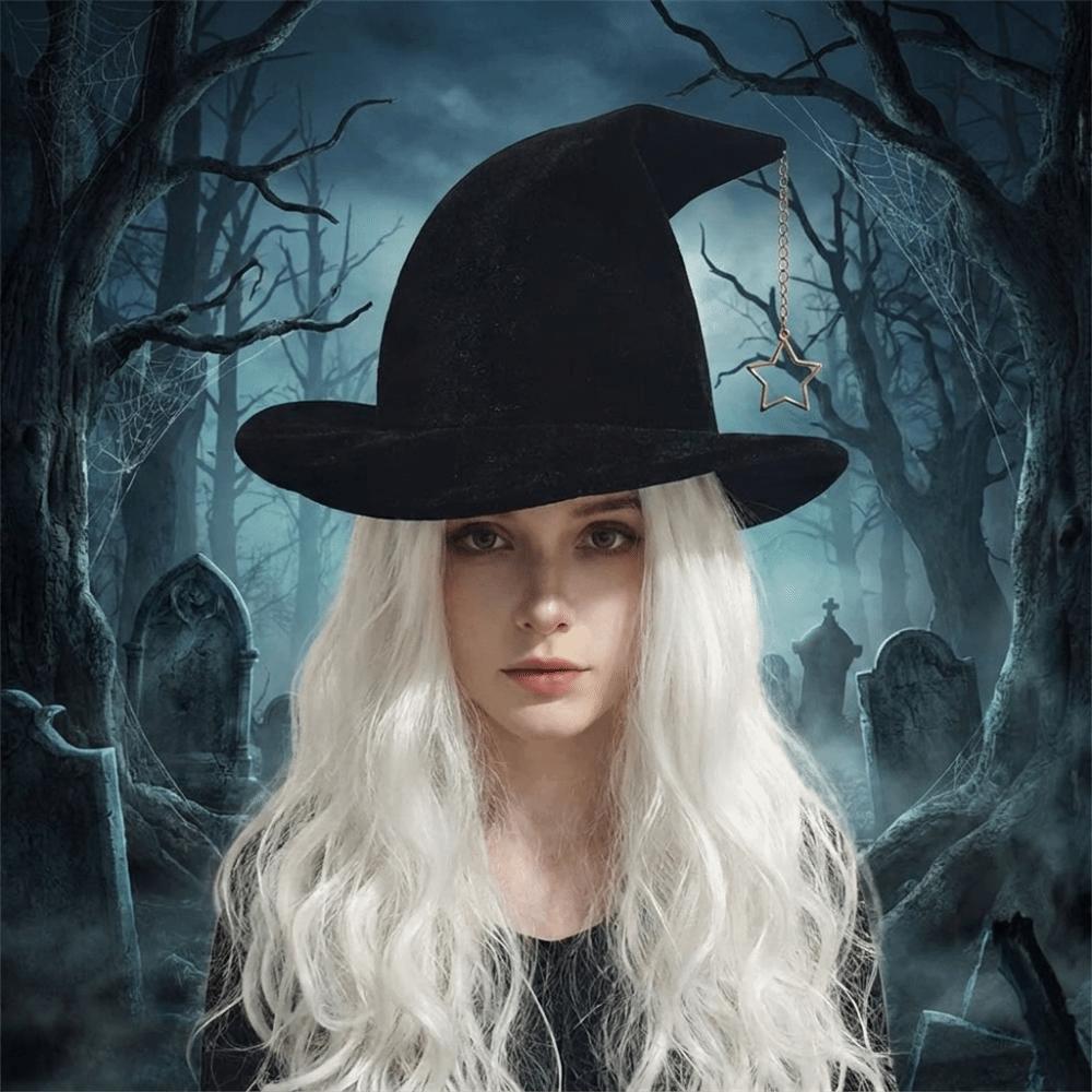 Korean Style Wool Bucket Hat Star Pendant Halloween Hat Vintage Witch Hat Party