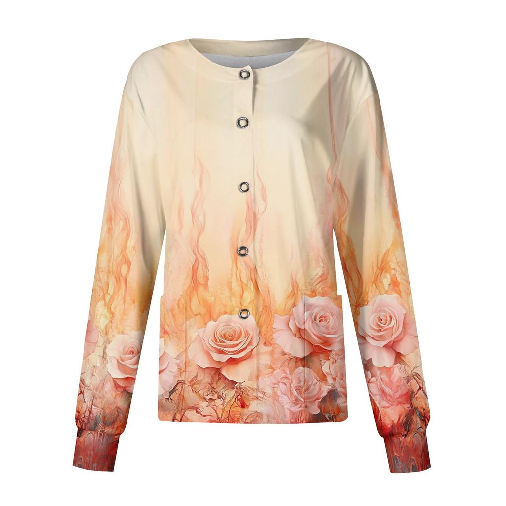Women Long Sleeve Casual Cardigan Floral Print Button Front Lightweight Open Front Workwear Top
