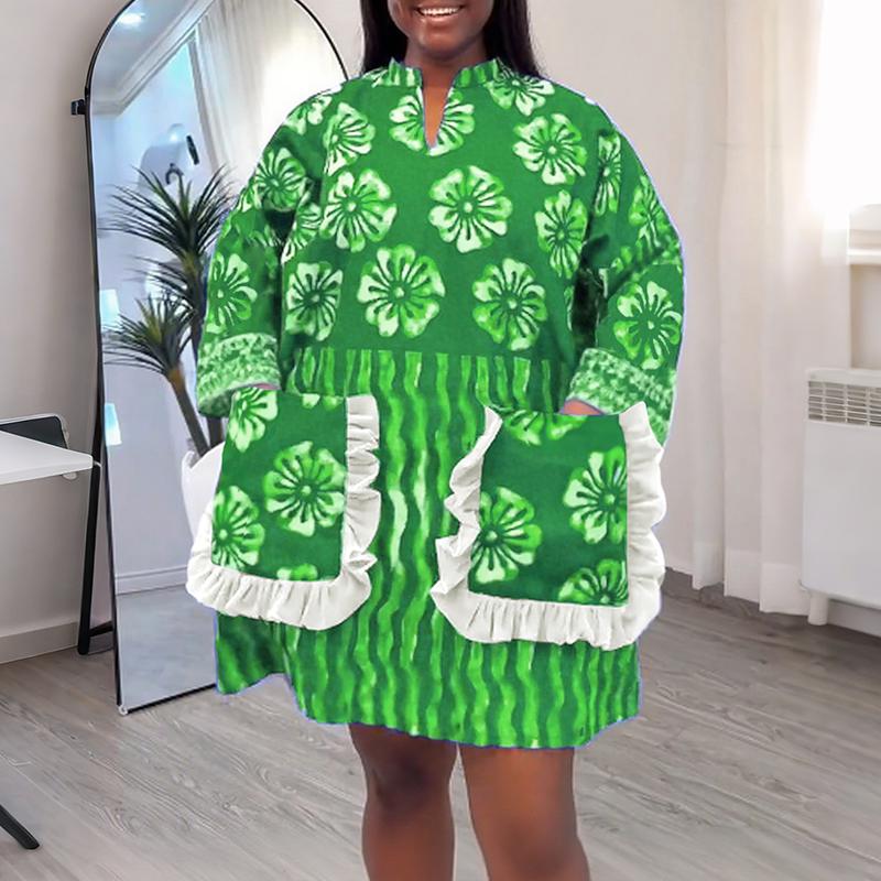 Plus Size Women Long Sleeve Floral Print Pockets Casual Loose Minig Dress