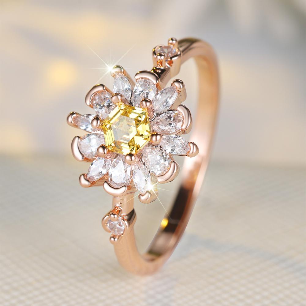 Magnifique Bague Zircon Blanc Jaune pour Femmes Bijoux Élégants Couleur Or Rose Accessoires pour Cadeaux d'Anniversaire de Mariage