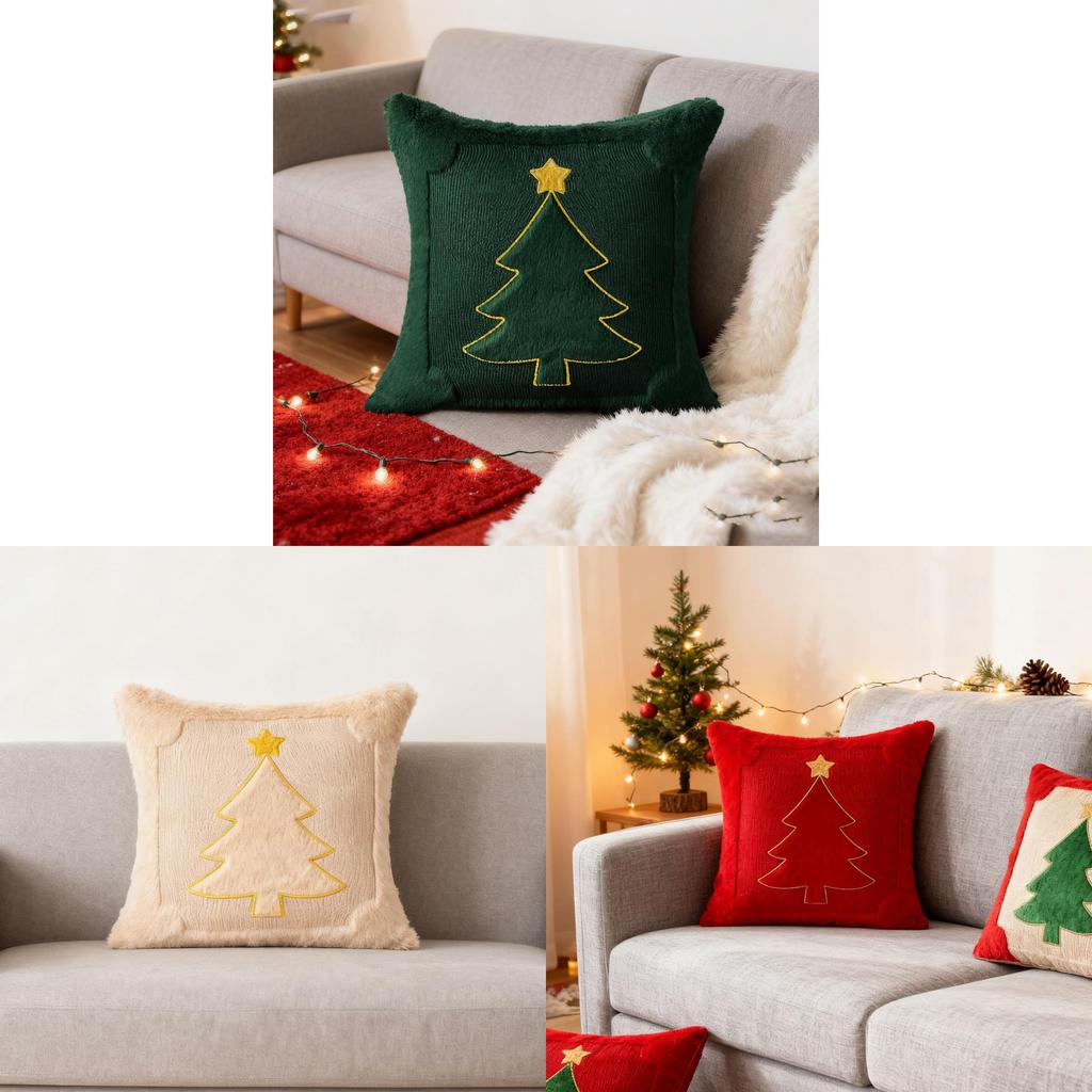 Christmas Embroidered Throw Pillow Cover With Star And Tree Decor For Living Room Party
