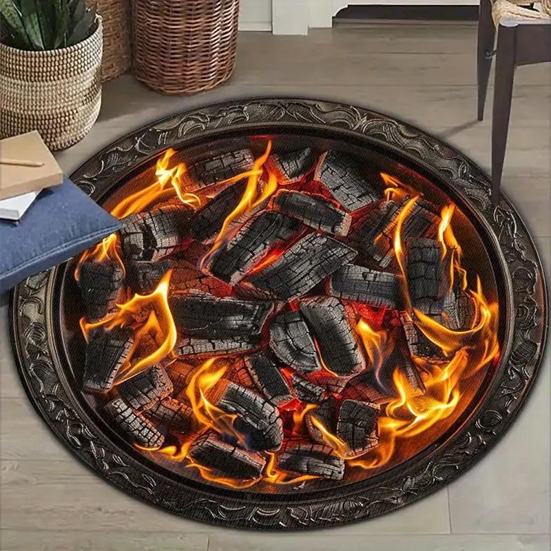 

3D Flame Illusion Masterpiece Circular Carpet Stove Design Stunning Optical Illusion Carpet Appearance Cracked Floor Mat 40X40CM