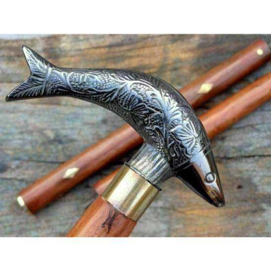 Handmade Brass Antique Fish Head Handle Victorian Walking Stick Wooden Cane Gift