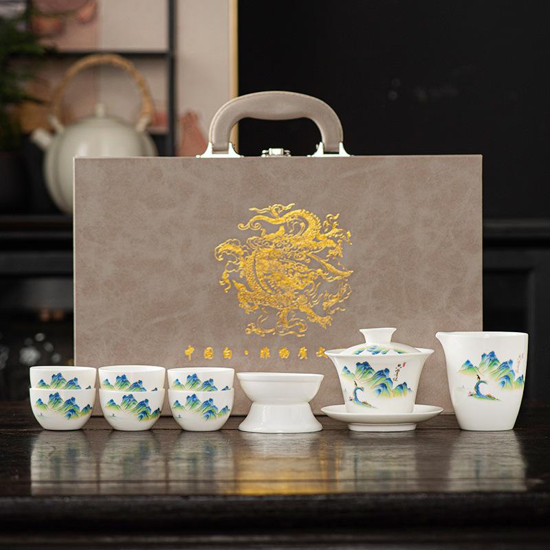 Premium beauty suet jade white porcelain kung fu tea set, household Xishi pot tea cup light luxury high-end gift box
