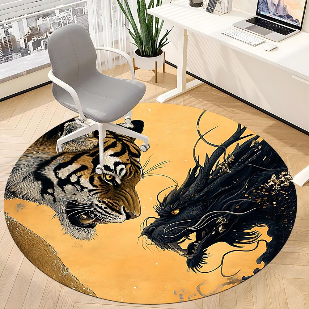 1pc Tiger Dragon Art Print Carpet, Round Non Slip Durable Large Size Office Carpet, Suitable for Office