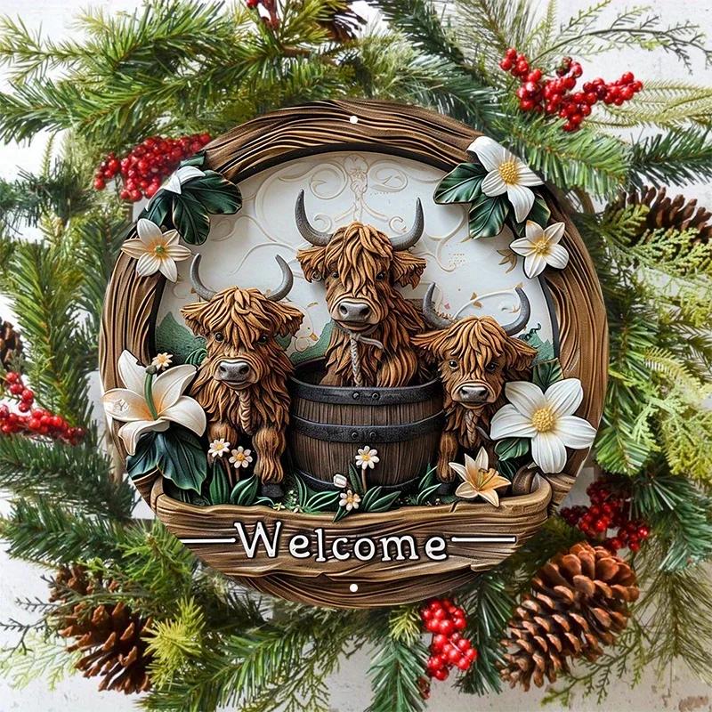 Attractive Highland Cow and Lily 8x8 Inch Aluminum Signage UV and Scratch Resistant, Easy To Hang Inside and Outside Decoration