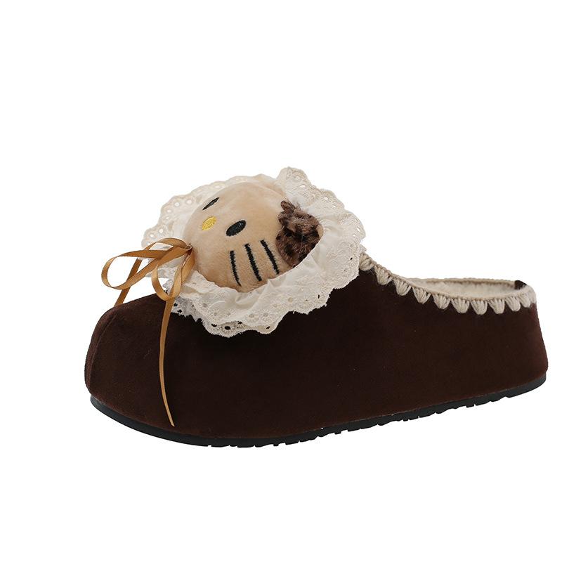 Suede Cute Cartoon Girl Flat-bottomed Slippers Summer and Autumn Kitten Casual Thick-soled One-pedal Bag Head Slippers Tide