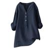 European & American Loose Plain Stand Collar Button Long Sleeve Cotton Linen Top for Women