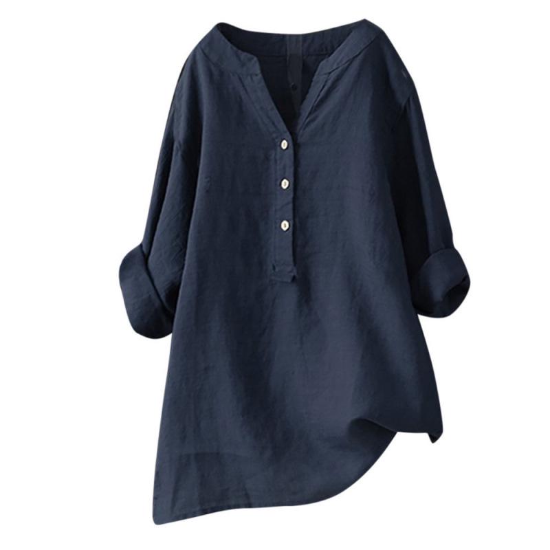 European & American Loose Plain Stand Collar Button Long Sleeve Cotton Linen Top for Women