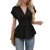 Women Tops V-neck Raglan Short Sleeve Shirt Pleated Hem Solid Color Waist-Hugging Regular Fit Tops Daily Wear