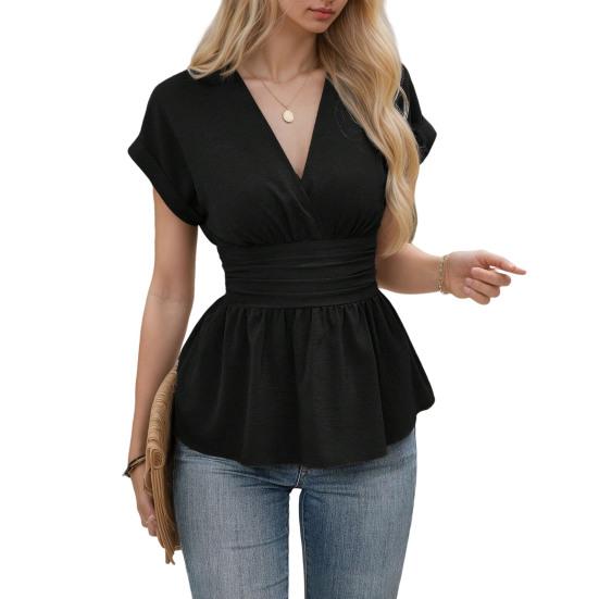 Women Tops V-neck Raglan Short Sleeve Shirt Pleated Hem Solid Color Waist-Hugging Regular Fit Tops Daily Wear