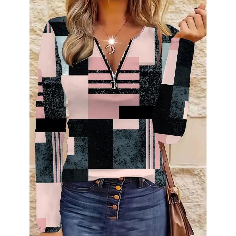 Printed Pattern Zipper T-Shirt, Casual Long Sleeve Top, Suitable for Spring And Autumn, Ideal for Home And Outdoor Wear