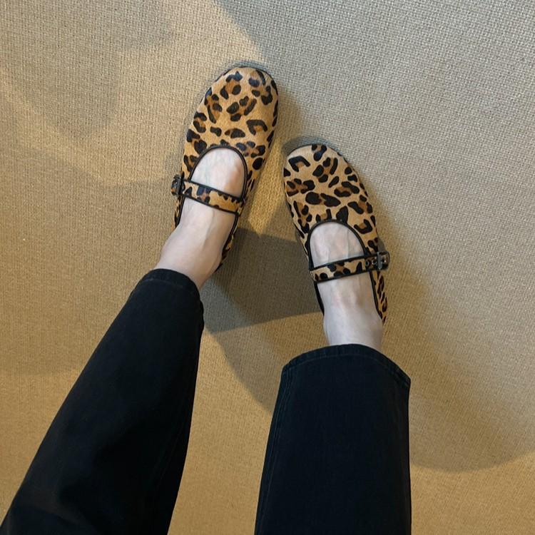 Sheepskin version~ niche leopard print shoes with retro round head shallow mouth versatile single shoes women's flat Mary Jane shoes