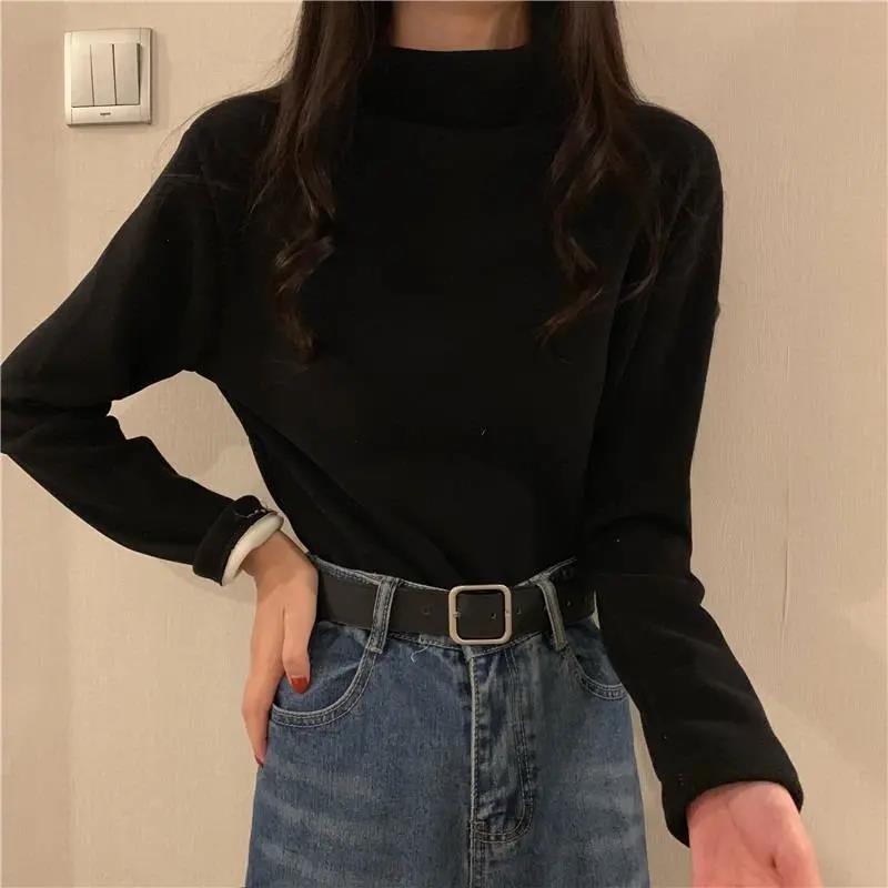 Autumn and Winter Semi-high Collar Plus Velvet Thickening Warmth and Comfort Sanding Base Shirt with T-shirt Long-sleeved Solid Color Top